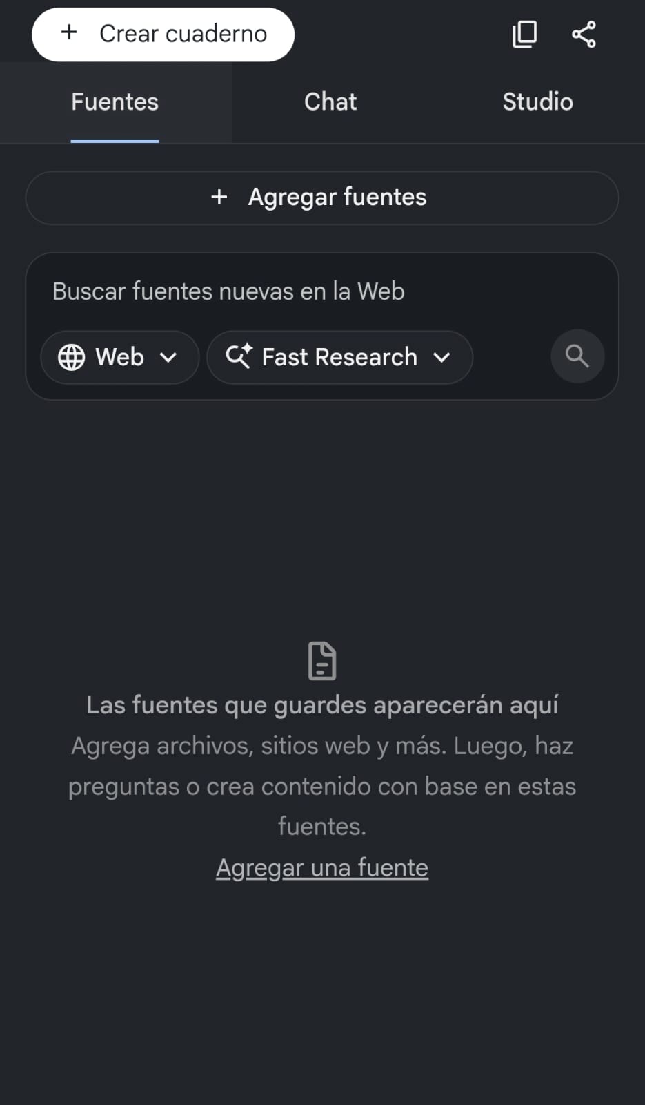 Pantalla de NotebookLM para agregar fuentes desde la web
